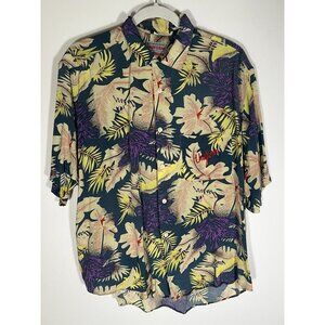 Vintage 80s UNIFORM blue yellow Hawaiian retro tropical shirt M embroidered logo